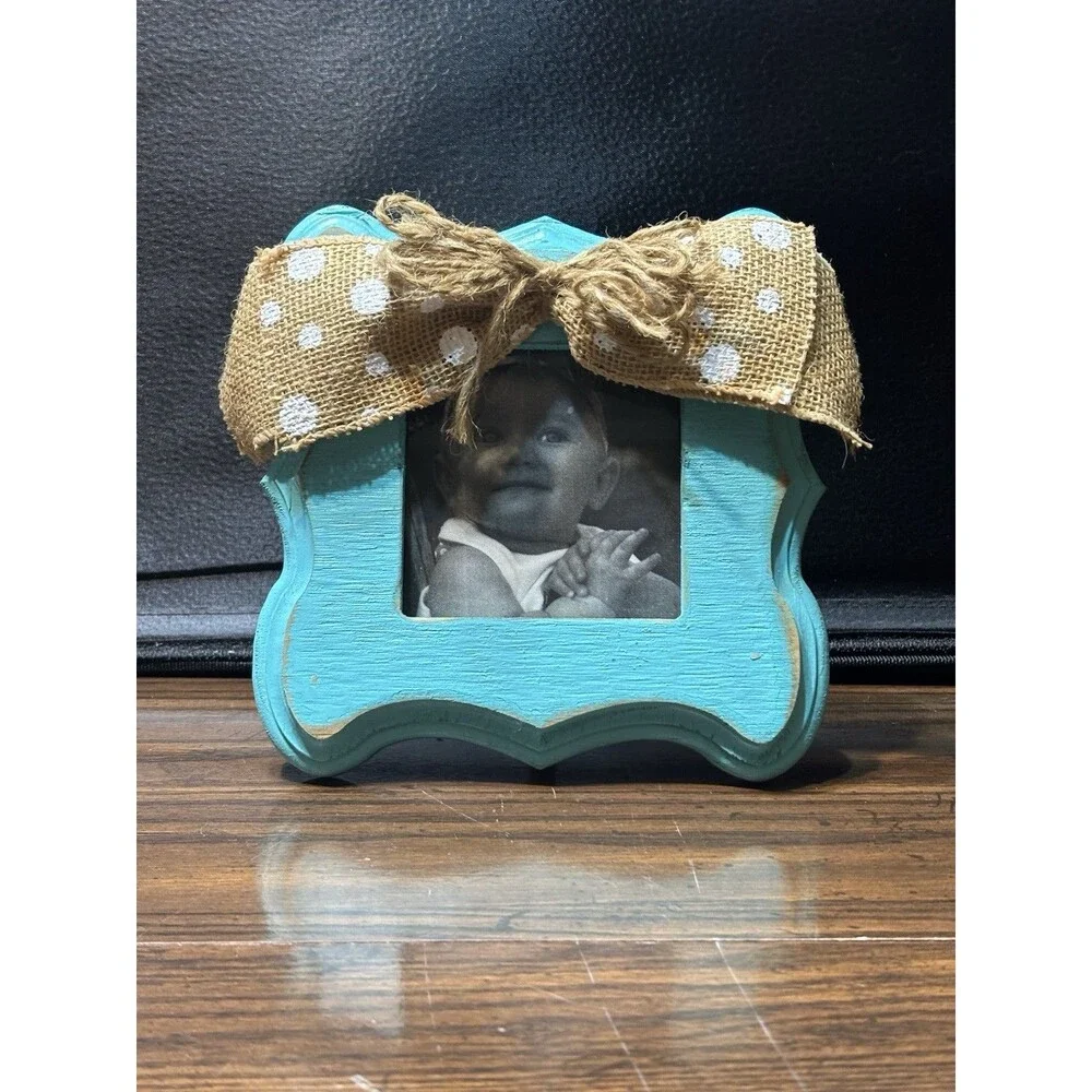 Rustic Distressed Wood Photo Frame Polkadot Burlap Bow, 3.5 X 3.5 Pic Opening